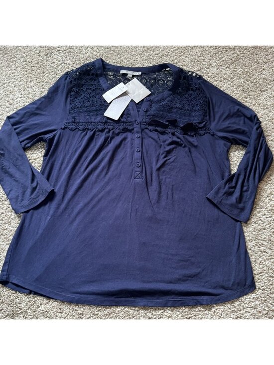 danielrainn Tops - Daniel Rainn Tunic Top Women's Size L Indigo Crochet Lace Yoke Button Front NEW
